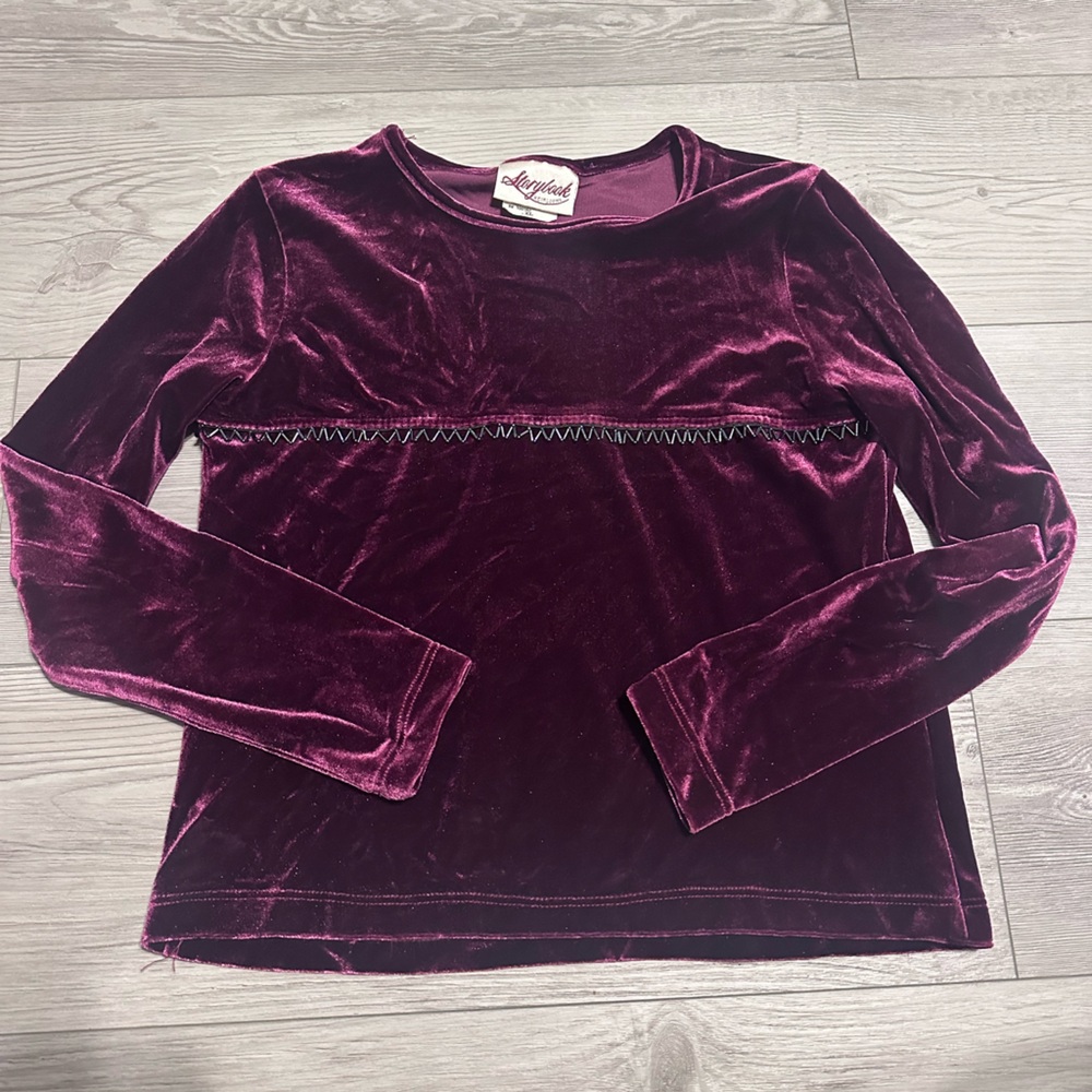 Vintage Storybook Girls Velvet Purple Fuchsia Long Sleeve Top, Size XL